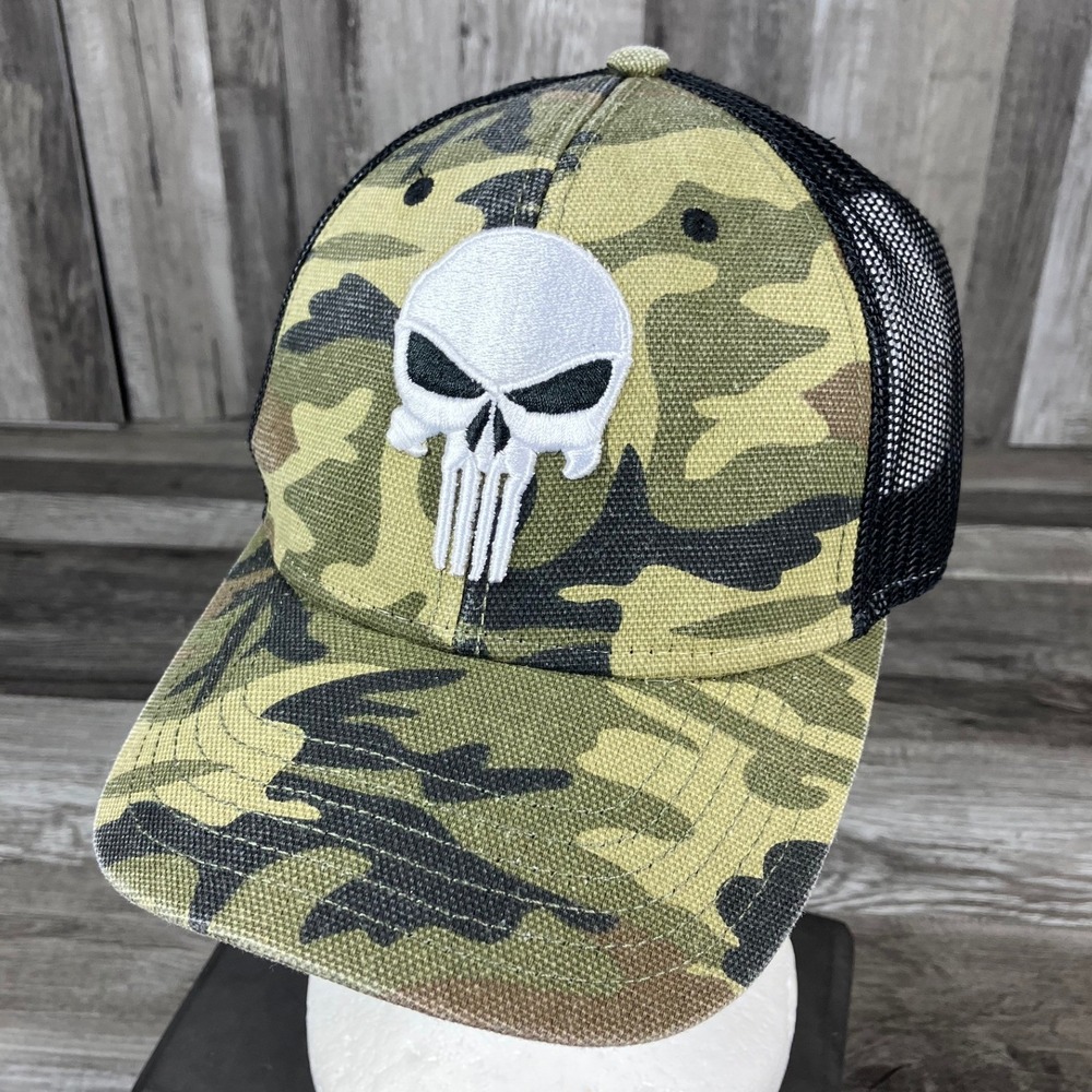 Marvel The Punisher Camo Trucker Hat Snapback Mesh Black Green Camouflage Cap